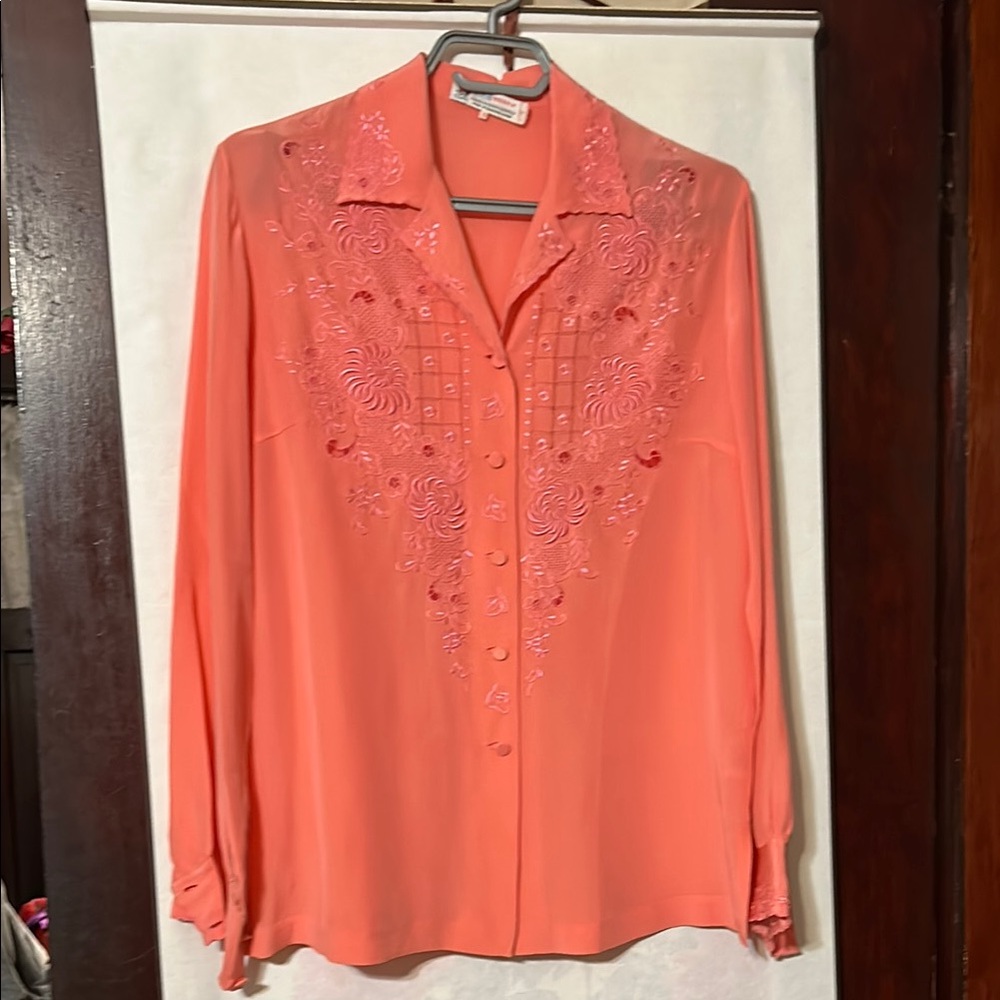 Orange Hand Embellished Button Down 100% Silk Shirt with Notched Collar, size 6